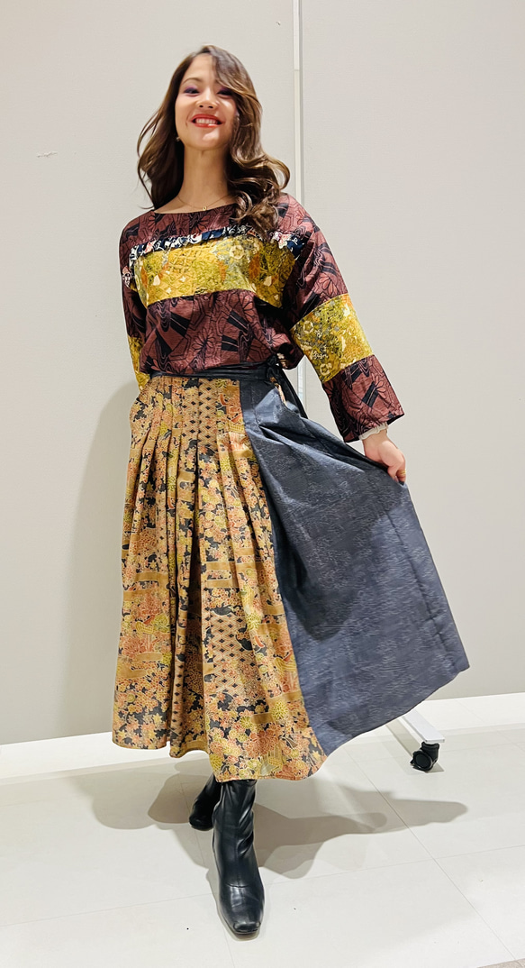 着物リメイク・バックゴム・タックギャザースカート・紬・シルク１００％・長身モデルサイズ（ウエスト細め） 1枚目の画像