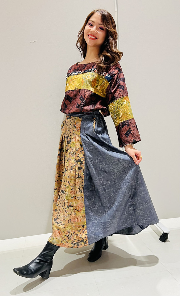 着物リメイク・バックゴム・タックギャザースカート・紬・シルク１００％・長身モデルサイズ（ウエスト細め） 2枚目の画像