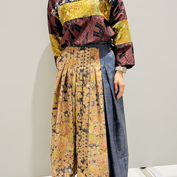 着物リメイク・バックゴム・タックギャザースカート・紬・シルク１００％・長身モデルサイズ（ウエスト細め） 3枚目の画像