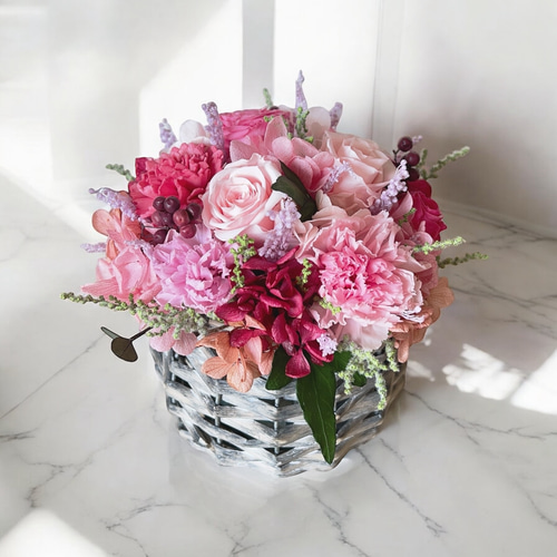 ピンクのお花のバスケット プリザーブドフラワーバスケット バスケット
