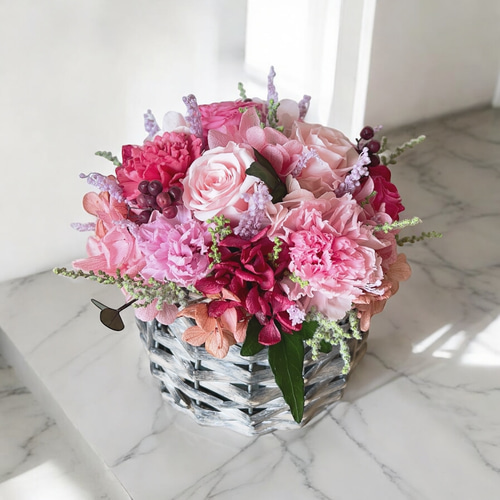 ピンクのお花のバスケット プリザーブドフラワーバスケット バスケット