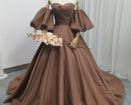 テラコッタ カラードレス オフショル パフスリーブ 結婚式 ウェディングドレス テラコッタ カラードレス オフショル パフスリーブ 結婚式