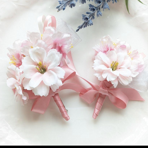 桜ブーケ&ブートニア　ピンク 青 ホワイトリボン 桜ブーケ&ブートニア ピンク 青 ホワイトリボン 造花 青」の人気商品