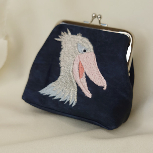 ハンドメイド本革がま口ポーチ ピンクのくちばし笑顔のハシビロコウ