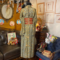 着物 洗える 化繊  ハンドメイド リメイク ワンピース ドレス 名古屋帯サッシュベルト 和洋折衷 KW-340 5枚目の画像