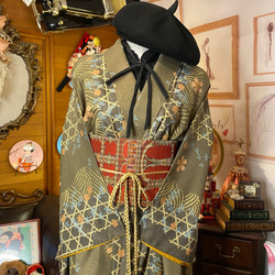 着物 洗える 化繊  ハンドメイド リメイク ワンピース ドレス 名古屋帯サッシュベルト 和洋折衷 KW-340 2枚目の画像