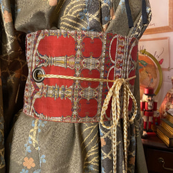 着物 洗える 化繊  ハンドメイド リメイク ワンピース ドレス 名古屋帯サッシュベルト 和洋折衷 KW-340 7枚目の画像