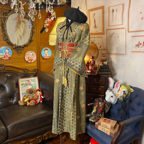 着物 洗える 化繊  ハンドメイド リメイク ワンピース ドレス 名古屋帯サッシュベルト 和洋折衷 KW-340 4枚目の画像