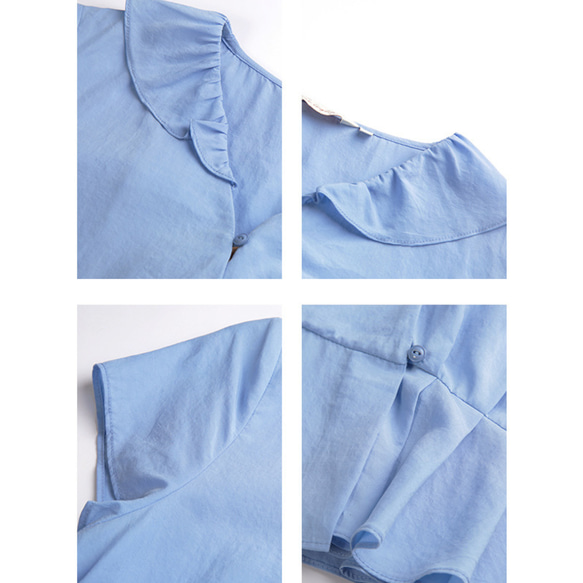 【ロマンティック Vネック フリル ブラウス】ブルー プリーツ 半袖シャツ A-00640 16枚目の画像
