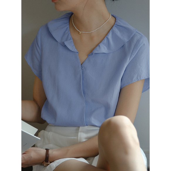 【ロマンティック Vネック フリル ブラウス】ブルー プリーツ 半袖シャツ A-00640 1枚目の画像