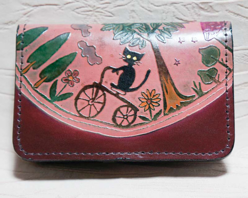 猫デザインの革製ポーチ 猫のデザイン レザークラフト 森の猫達 Aポーチ18 catwalk oikawa