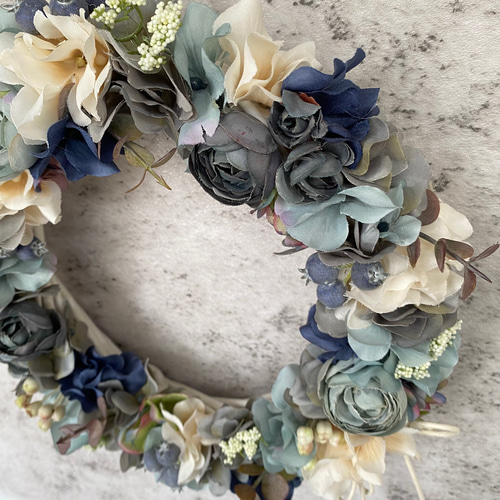 アンティークブルーの紫陽花リース　アーティフィシャルフラワー　造花 アンティークブルーの紫陽花リースアーティフィシャルフラワー造花