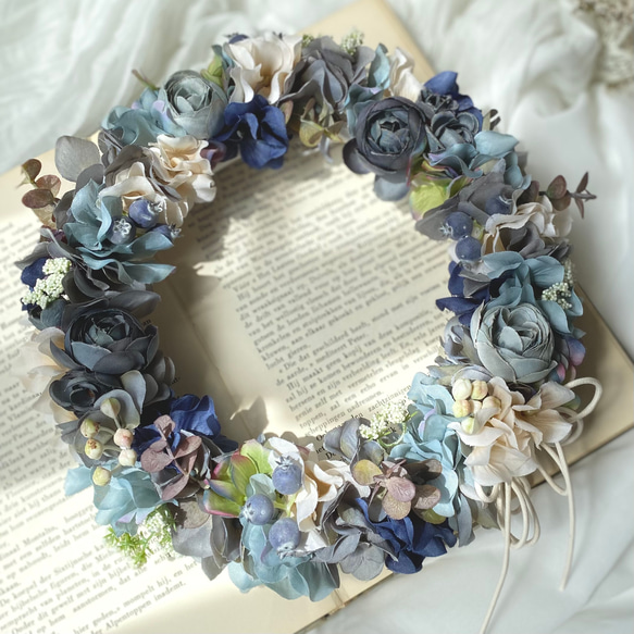 アンティークブルーの紫陽花リースアーティフィシャルフラワー造花