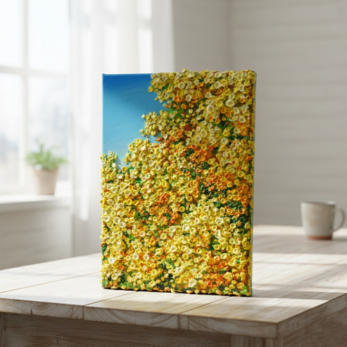 原画】油絵「青い空とミモザ」北欧インテリアに馴染む花の絵画 ｜新築