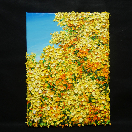 原画】油絵「青い空とミモザ」北欧インテリアに馴染む花の絵画 ｜新築