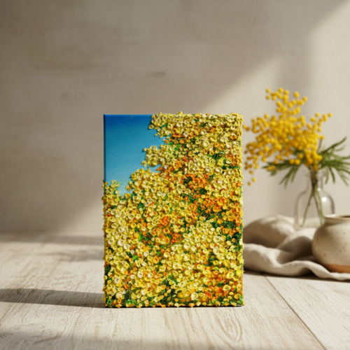 原画】油絵「青い空とミモザ」北欧インテリアに馴染む花の絵画 ｜新築