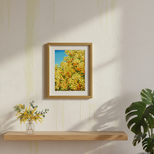 原画】油絵「青い空とミモザ」北欧インテリアに馴染む花の絵画 ｜新築
