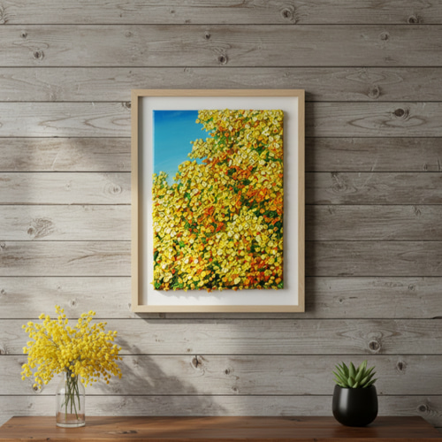 原画】油絵「青い空とミモザ」北欧インテリアに馴染む花の絵画 ｜新築