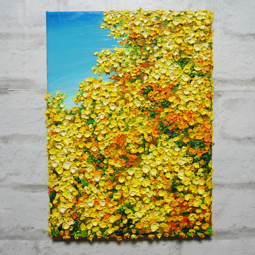 原画】油絵「青い空とミモザ」北欧インテリアに馴染む花の絵画 ｜新築