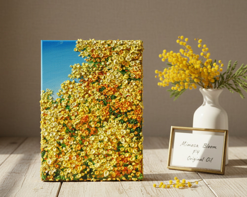 原画】油絵「青い空とミモザ」北欧インテリアに馴染む花の絵画 ｜新築