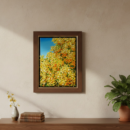 原画】油絵「青い空とミモザ」北欧インテリアに馴染む花の絵画 ｜新築