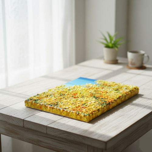 原画】油絵「青い空とミモザ」北欧インテリアに馴染む花の絵画 ｜新築