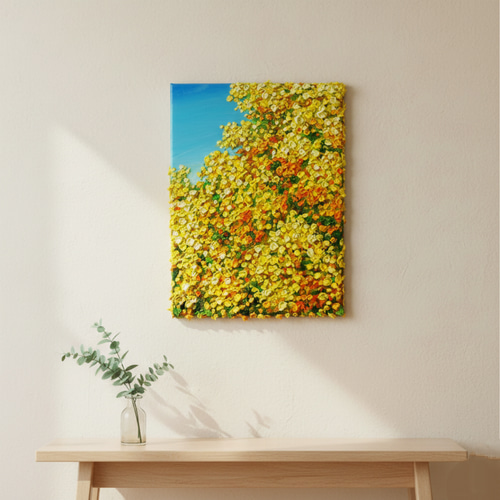 原画】油絵「青い空とミモザ」北欧インテリアに馴染む花の絵画 ｜新築