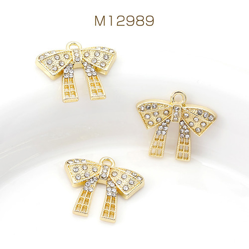 M12989 6個 ラインストーンチャーム メタルチャーム リボン 1カン 