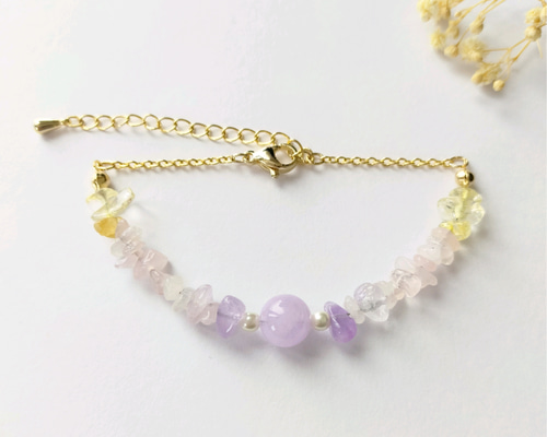 ギフトラッピング付【天然石ブレスレット 】ラベンダーアメジスト、ローズクォーツ ラベンダーアメジスト・ローズクォーツ・シトリンの華奢な天然石
