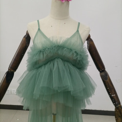送料無料 ！上品！ペールトーンのミントグリーン色 チュールドレス  ソフトチュール   カラードレスオーバースカート 3枚目の画像
