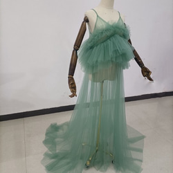 送料無料 ！上品！ペールトーンのミントグリーン色 チュールドレス  ソフトチュール   カラードレスオーバースカート 5枚目の画像