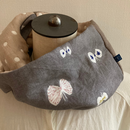 ハンドメイド✳︎ネックウォーマーミナペルホネン蝶々リネンパッチ
