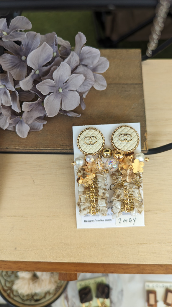 ツイードリボンピアス、イヤリング 再販2フリンジピンクグレーピアス