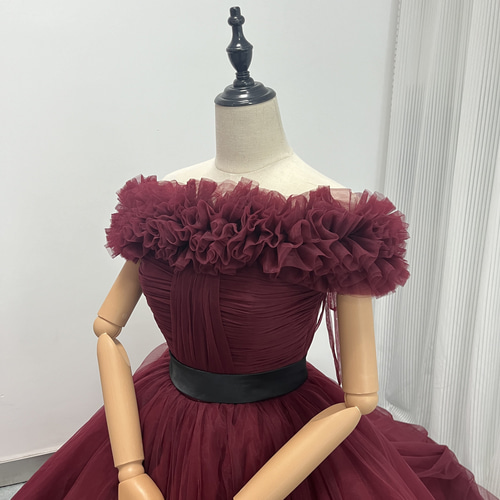 送料無料！カラードレス ボルドー色 取り外しオフショルダー サッシュ  