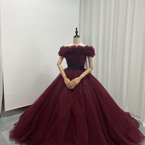 送料無料！カラードレス ボルドー色 取り外しオフショルダー
