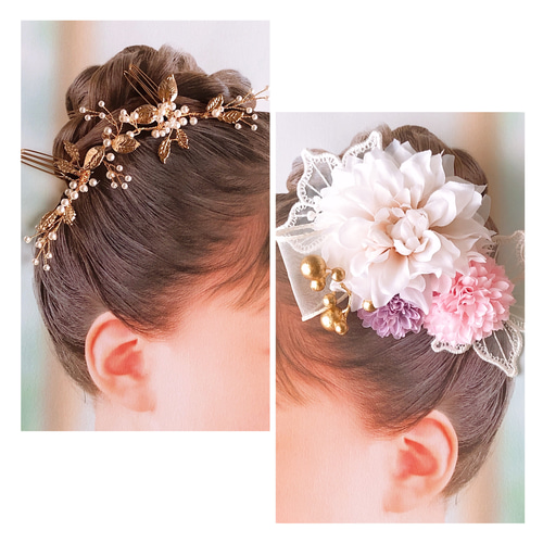 七五三髪飾り【クリップ式・ワンタッチ】 ソフトダリアとゴールド