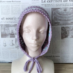 ボンネット　クロシェハット　ヘッドドレス　春夏　コットン　手編み　バラクラバ　バケットハット　紫色 2枚目の画像