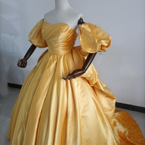 マスタードイエローカラードレス ウエディングベアトップ 取り外し  