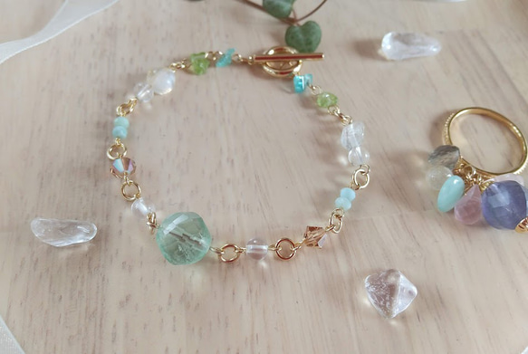 フローライト❁水晶涼やかな青と緑の天然石ブレスレット