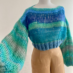 手編みシアーモヘアニット オーバーサイズ 短丈 長め袖 マルチボーダー