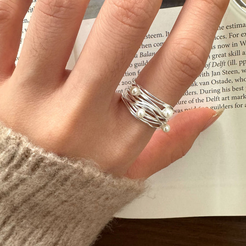 シルバー925多層巻き真珠リング フランスの優しい妖精の浮遊