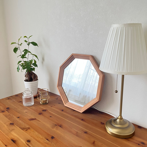 日本製】カットデザイン 八角ミラー アンティーク調 立て掛け・壁掛け