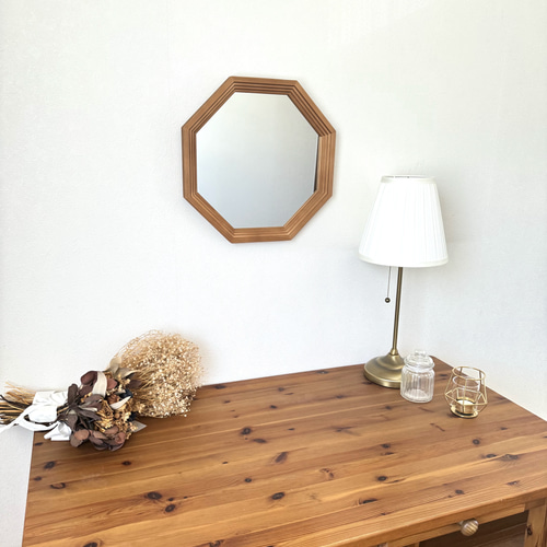 日本製】カットデザイン 八角ミラー アンティーク調 立て掛け