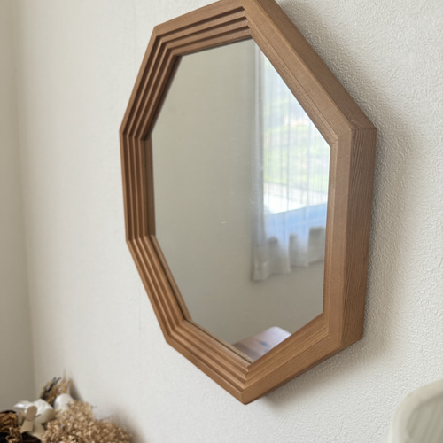 日本製】カットデザイン 八角ミラー アンティーク調 立て掛け・壁掛け