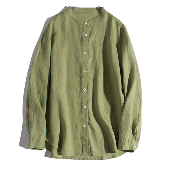 スタンドカラーリネンシャツ　100%リネン長袖シャツ　丸い裾　シンプルリネンシャツ　5色　M-Lサイズ　L346　 5枚目の画像