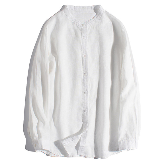 スタンドカラーリネンシャツ　100%リネン長袖シャツ　丸い裾　シンプルリネンシャツ　5色　M-Lサイズ　L346　 2枚目の画像