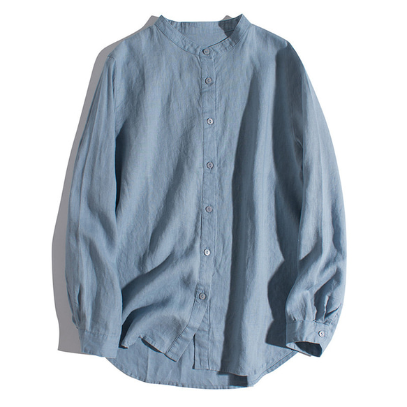 スタンドカラーリネンシャツ　100%リネン長袖シャツ　丸い裾　シンプルリネンシャツ　5色　M-Lサイズ　L346　 4枚目の画像