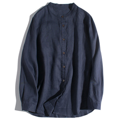 スタンドカラーリネンシャツ　100%リネン長袖シャツ　丸い裾　シンプルリネンシャツ　5色　M-Lサイズ　L346　 3枚目の画像