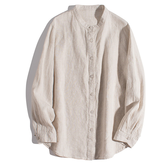 スタンドカラーリネンシャツ　100%リネン長袖シャツ　丸い裾　シンプルリネンシャツ　5色　M-Lサイズ　L346　 6枚目の画像