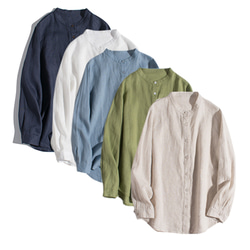 スタンドカラーリネンシャツ　100%リネン長袖シャツ　丸い裾　シンプルリネンシャツ　5色　M-Lサイズ　L346　 1枚目の画像